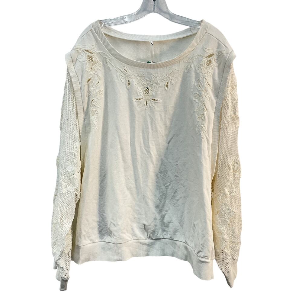 Anthropologie Ivory Cotton Floral Eyelet Sweatshirt Top Womens 3XL Plus Size NWT
